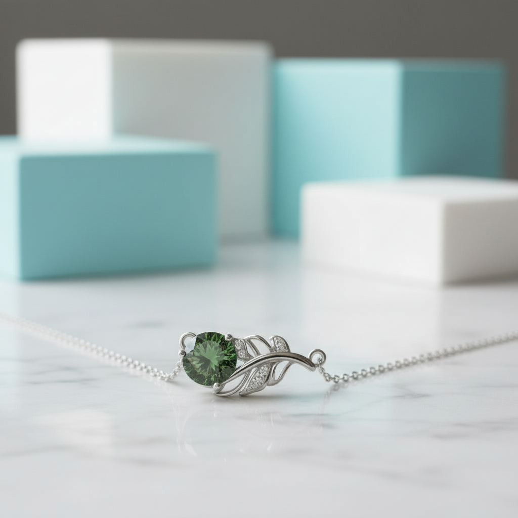 1.0 Ct Emerald Birthstone Round Cut Lucky Leaf Necklace-Evani Jewelry