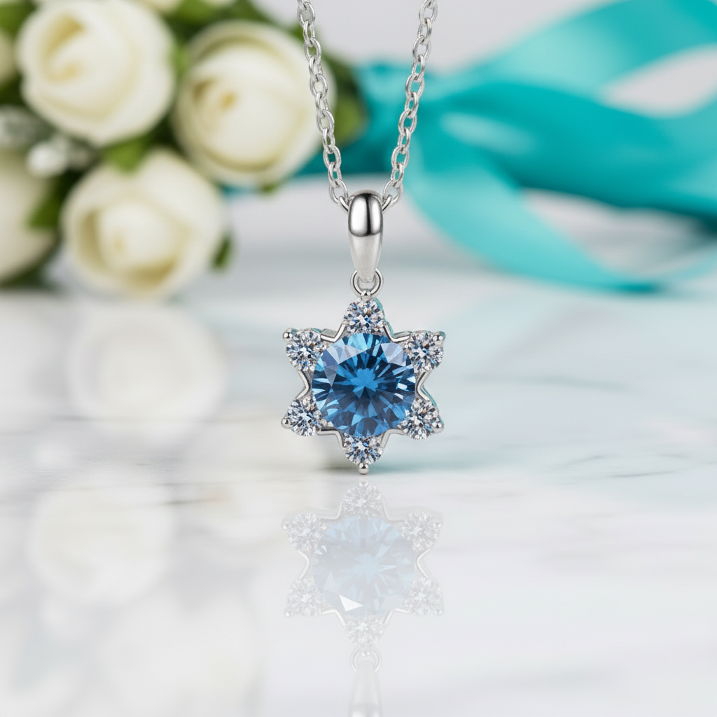1.0 Ct Round Cut Sapphire Birthstone Snowflake Pendant Necklace
