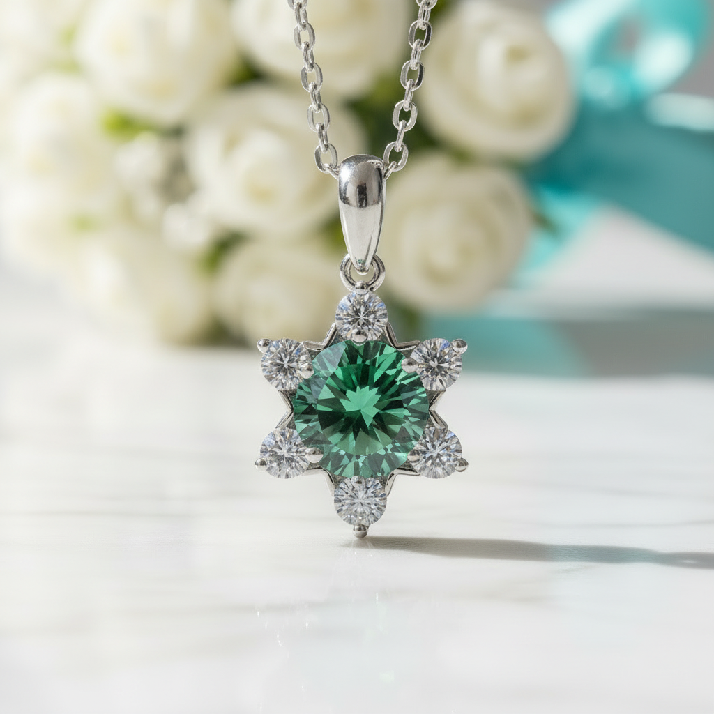 1.0 Ct Round Cut Peridot Snowflake Pendant Necklace