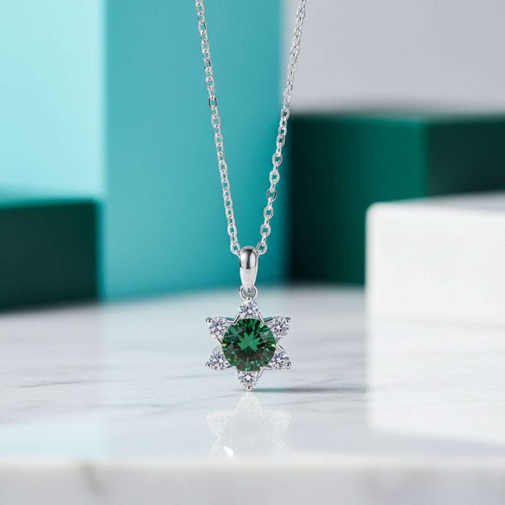 1.0 Ct Round Emerald Birthstone Snowflake Pendant Necklace-Evani Jewelry
