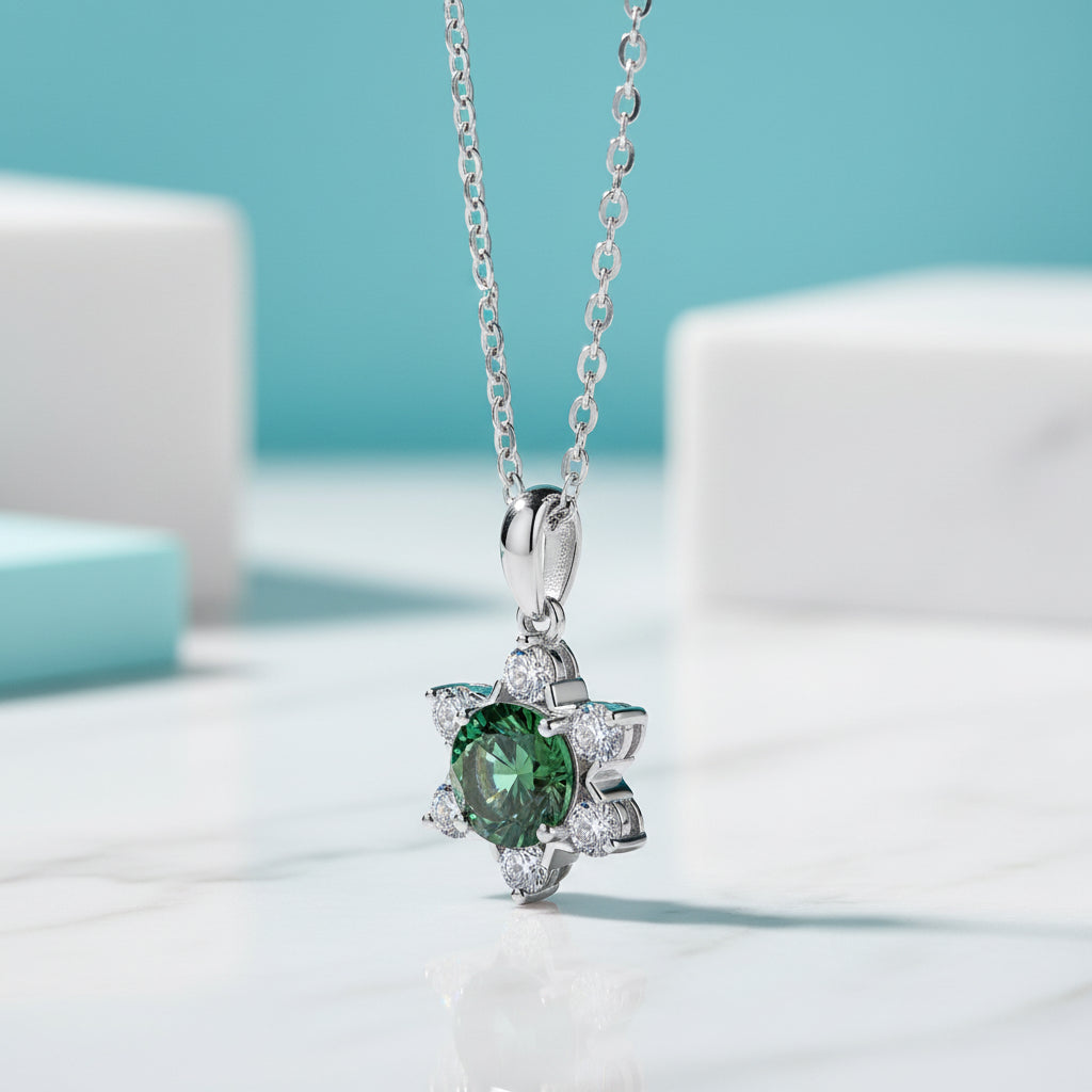1.0 Ct Round Emerald Birthstone Snowflake Pendant Necklace-Evani Jewelry