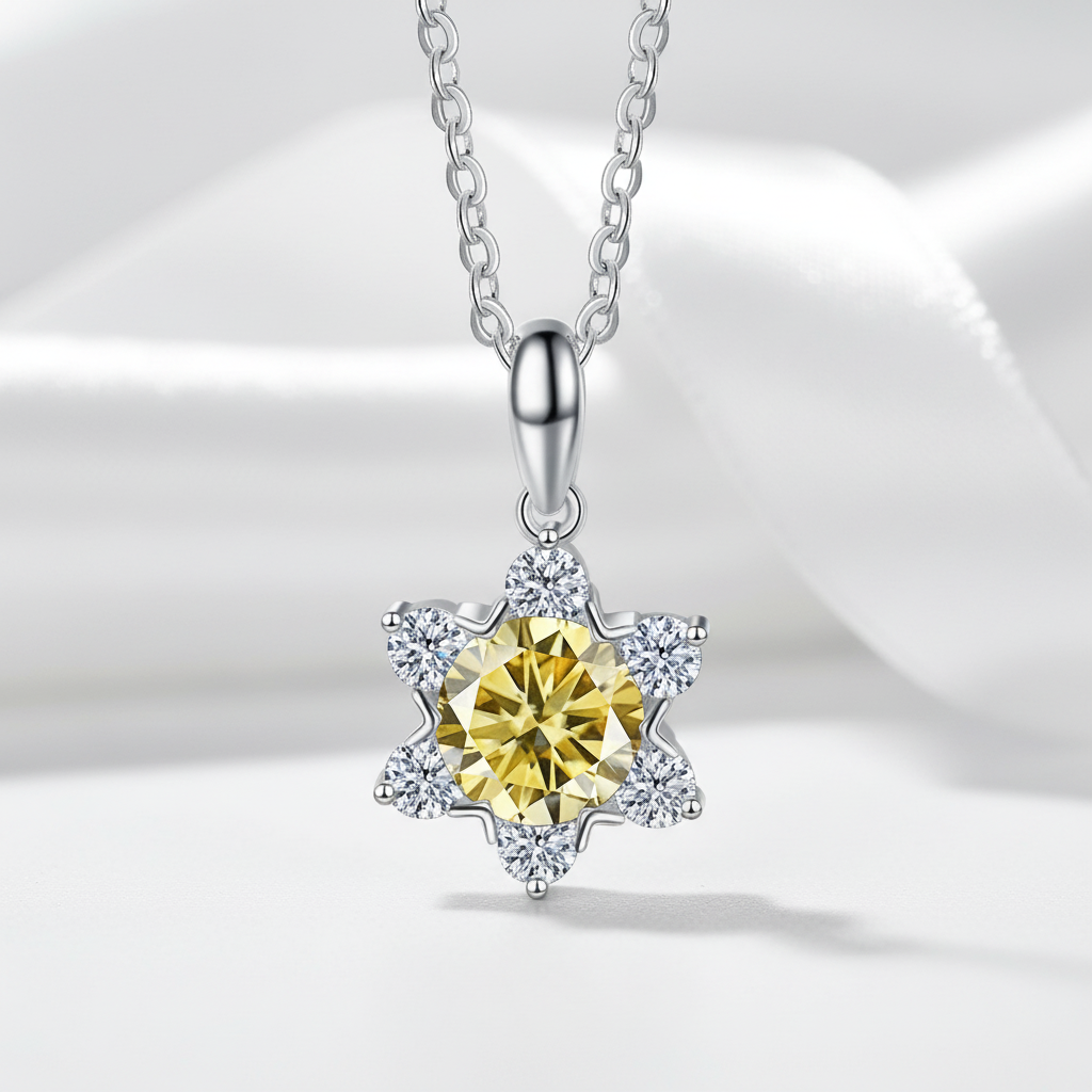 1.0 Ct Round Cut Snowflake Topaz and Citrine Pendant Necklace