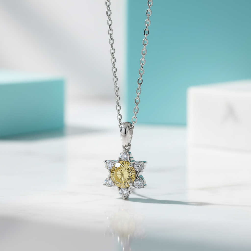 1.0 Ct Round Cut Snowflake Topaz and Citrine Pendant Necklace