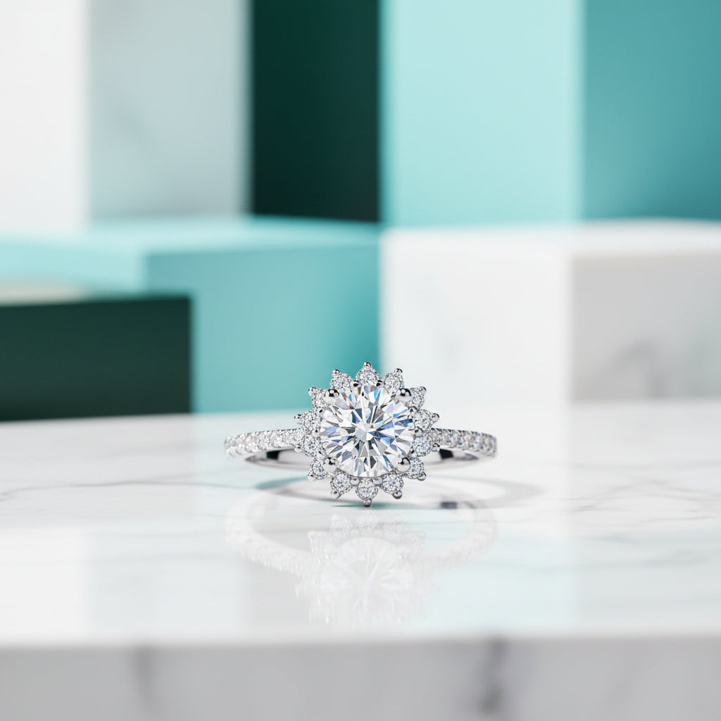 1.0 Ct Round Diamond Sunflower Engagement Ring-Evani Jewelry