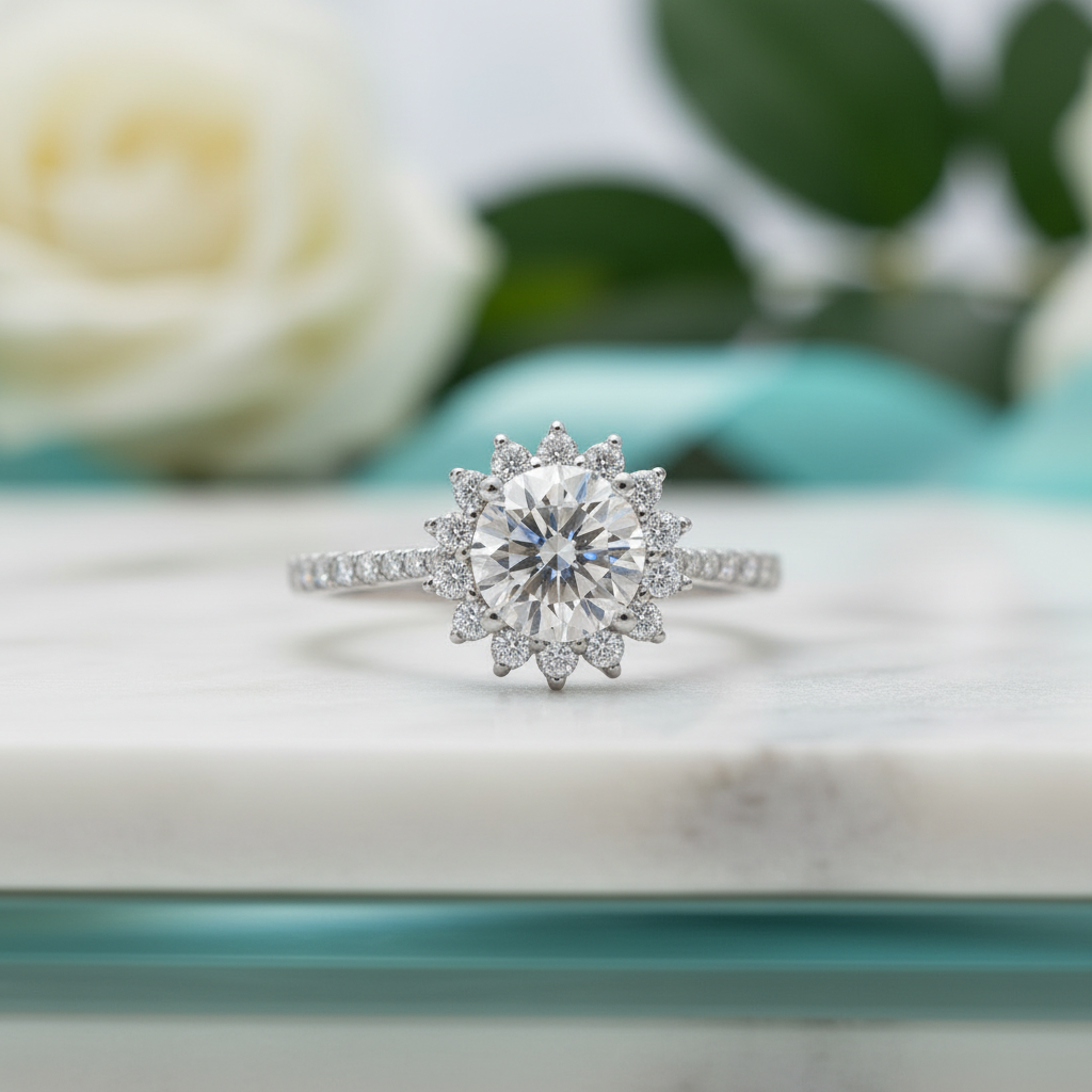 1.0 Ct Round Diamond Sunflower Engagement Ring-Evani Jewelry