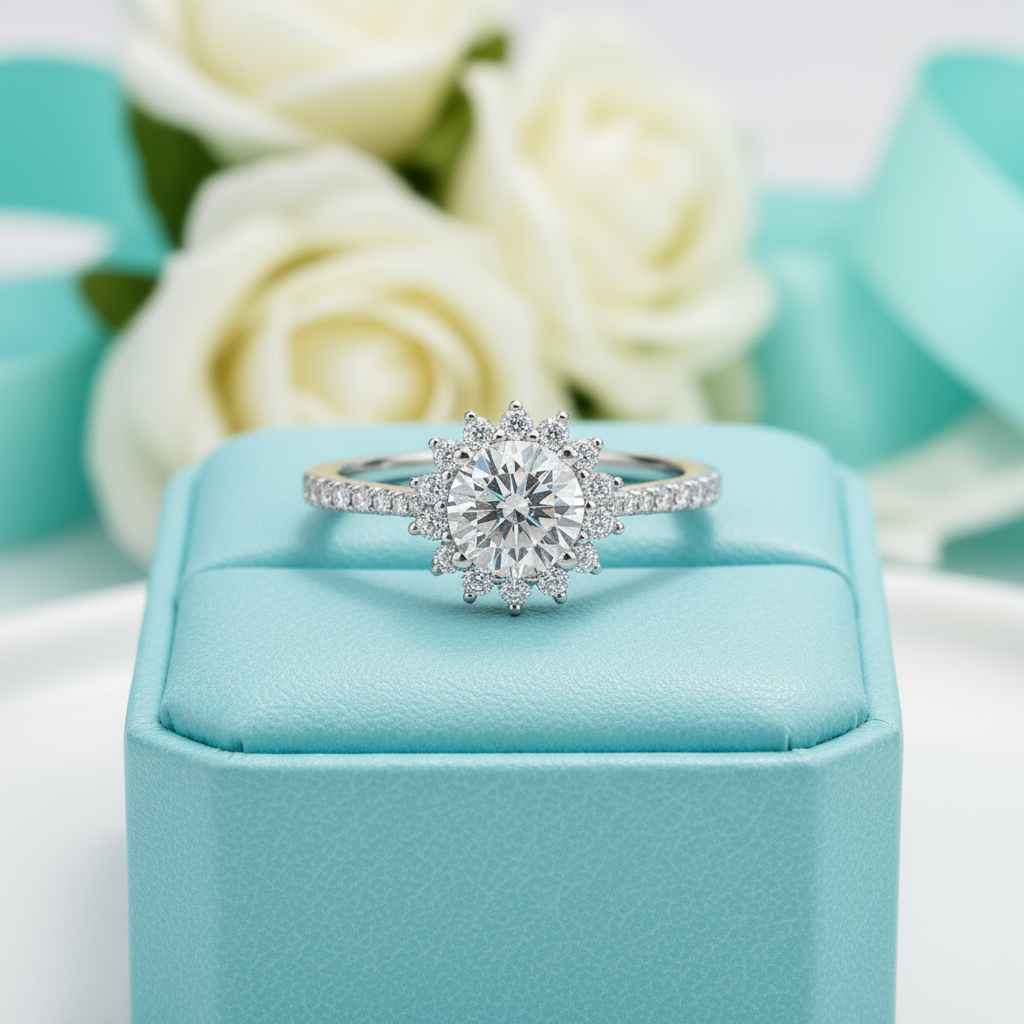 1.0 Ct Round Diamond Sunflower Engagement Ring-Evani Jewelry