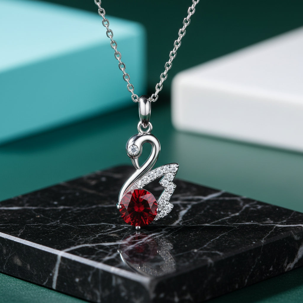 1.0 Ct Round Cut Ruby Swan Pendant Necklace-Evani Jewelry