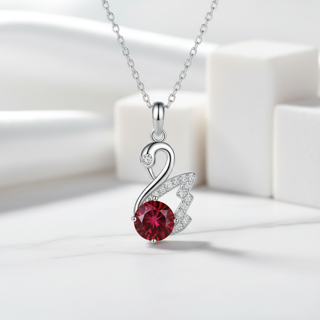1.0 Ct Round Cut Ruby Swan Pendant Necklace-Evani Jewelry