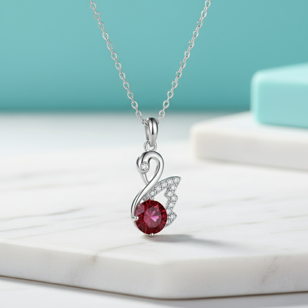 1.0 Ct Round Cut Ruby Swan Pendant Necklace-Evani Jewelry