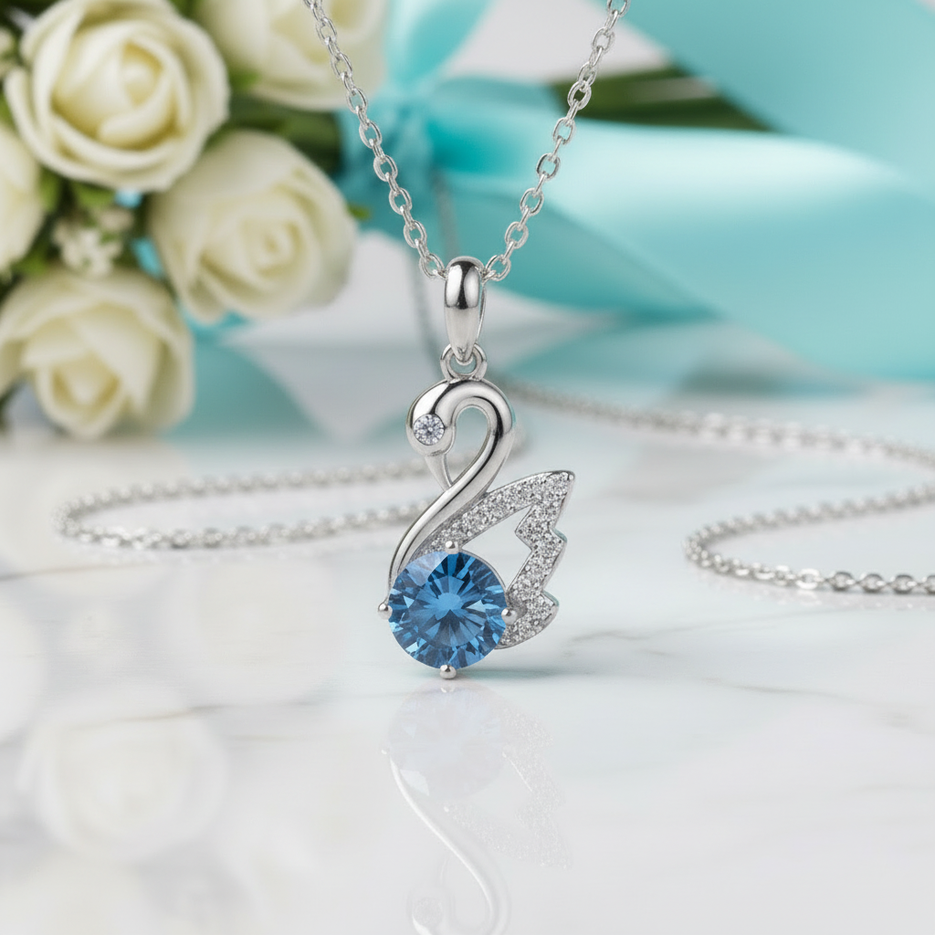 1.0 Ct Round Cut Sapphire Birthstone Swan Pendant Necklace