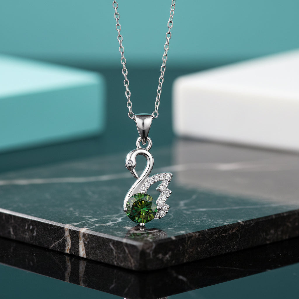 1.0 Ct Round Emerald Birthstone Swan Pendant Necklace-Evani Jewelry