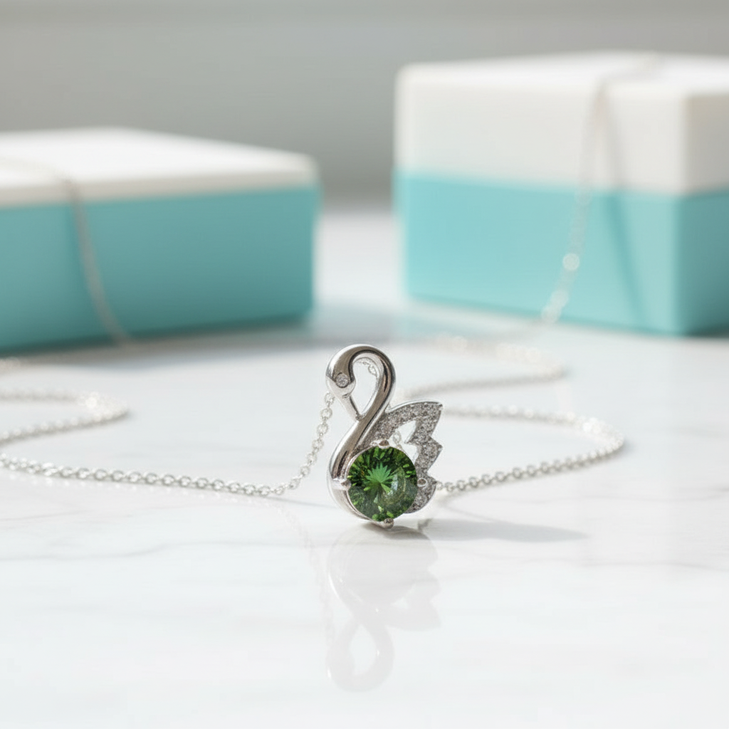 1.0 Ct Round Emerald Birthstone Swan Pendant Necklace-Evani Jewelry