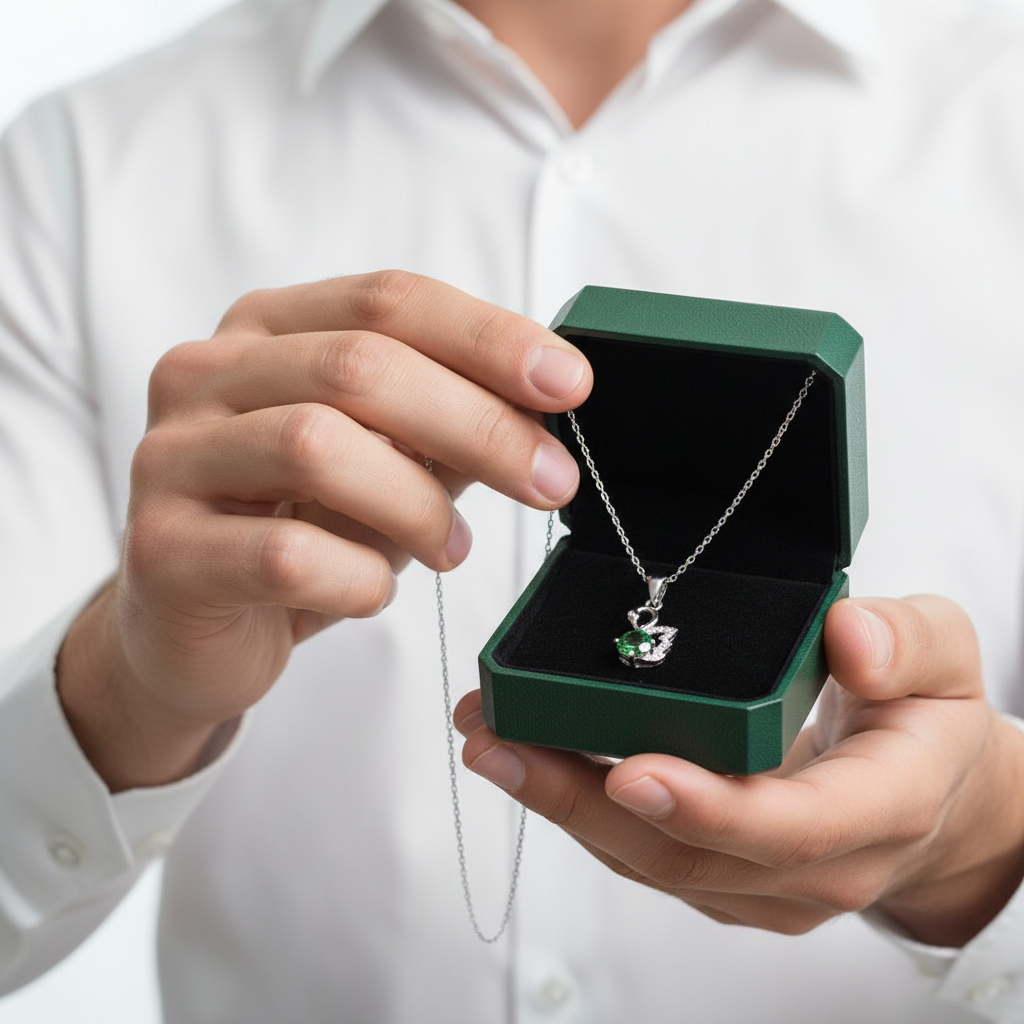 1.0 Ct Round Emerald Birthstone Swan Pendant Necklace