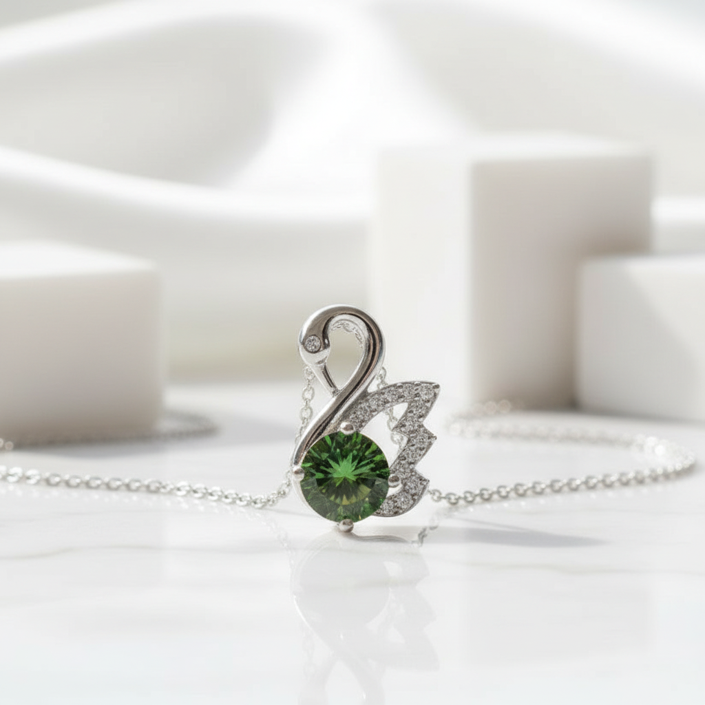 1.0 Ct Round Emerald Birthstone Swan Pendant Necklace-Evani Jewelry