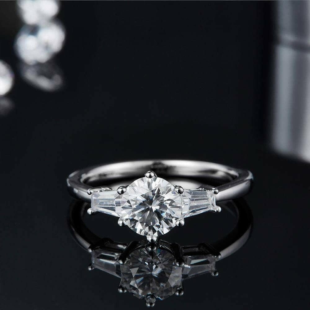 1.0 Ct Round W/ Tapered Baguette Engagement Ring-Evani Naomi Jewelry