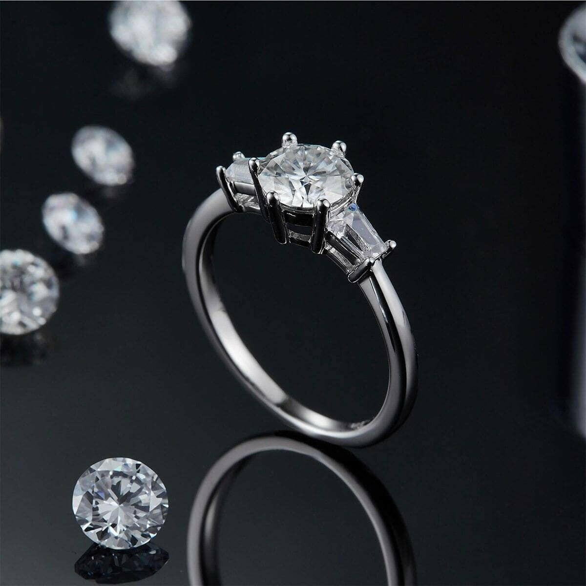 1.0 Ct Round W/ Tapered Baguette Engagement Ring-Evani Naomi Jewelry