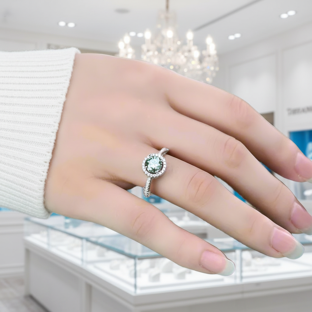 1.0 ct Round Green Diamond Option Halo Engagement Ring - Evani Naomi Jewelry