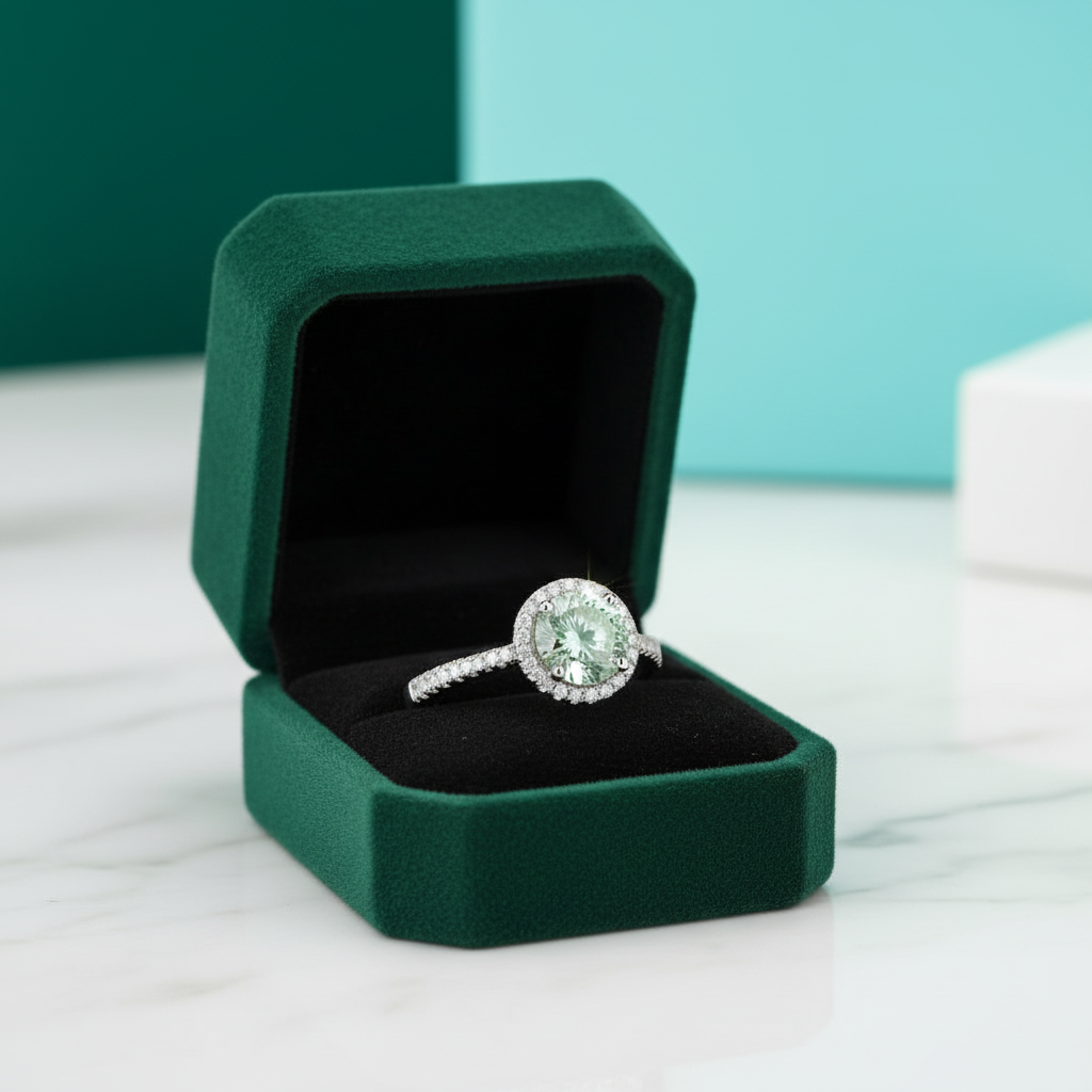 1.0 ct Round Green Diamond Option Halo Engagement Ring - Evani Naomi Jewelry