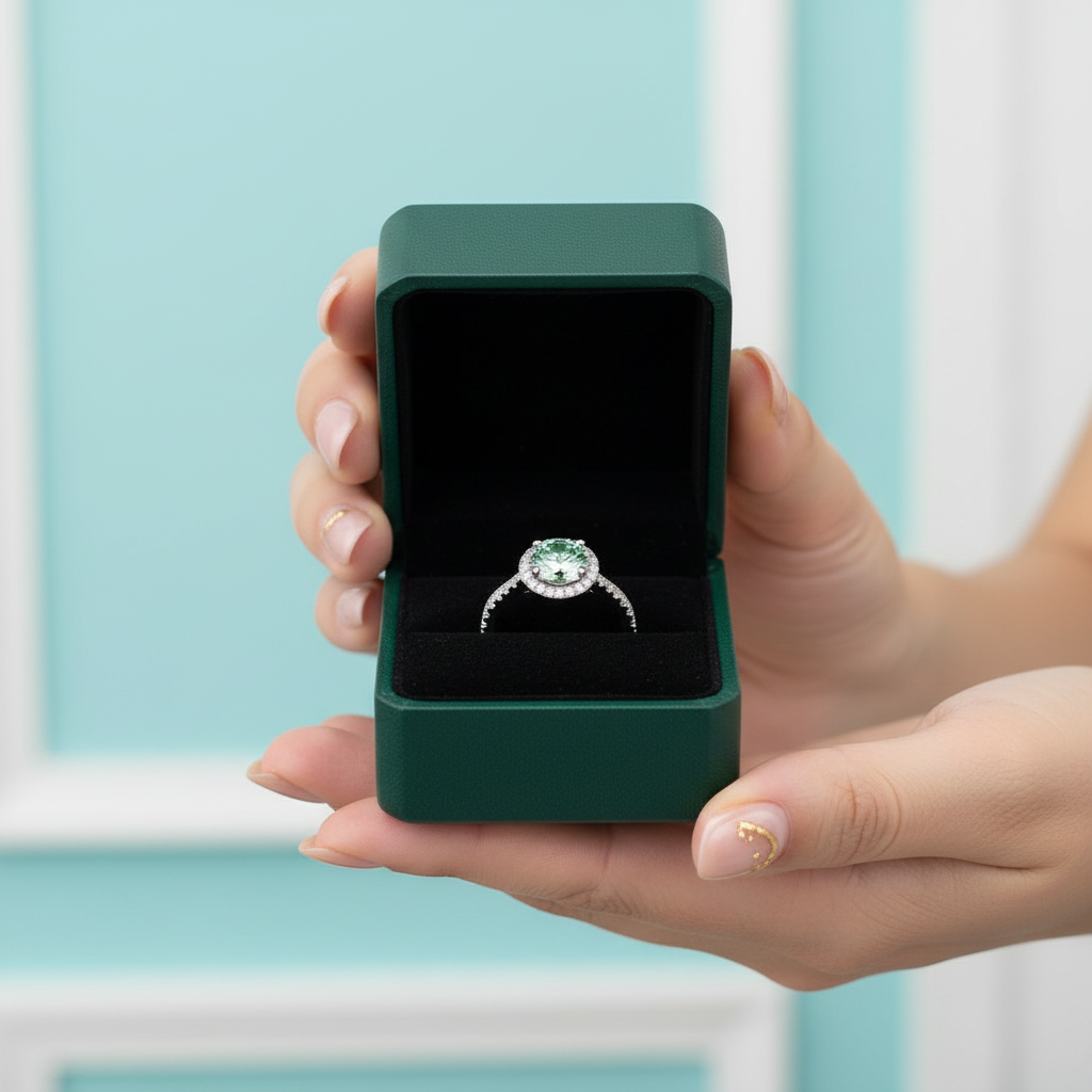 1.0 ct Round Green Diamond Option Halo Engagement Ring - Evani Naomi Jewelry