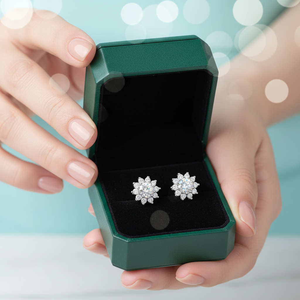 1.00 ct Blue-Green Diamond Option Flower Stud Earrings