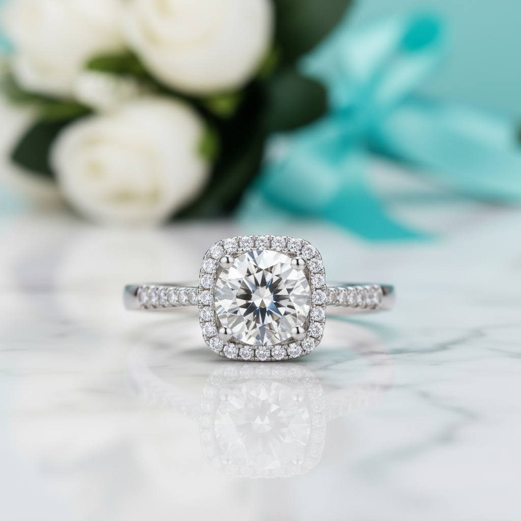 1.00 ct Diamond Square Halo Engagement Ring-Evani Jewelry