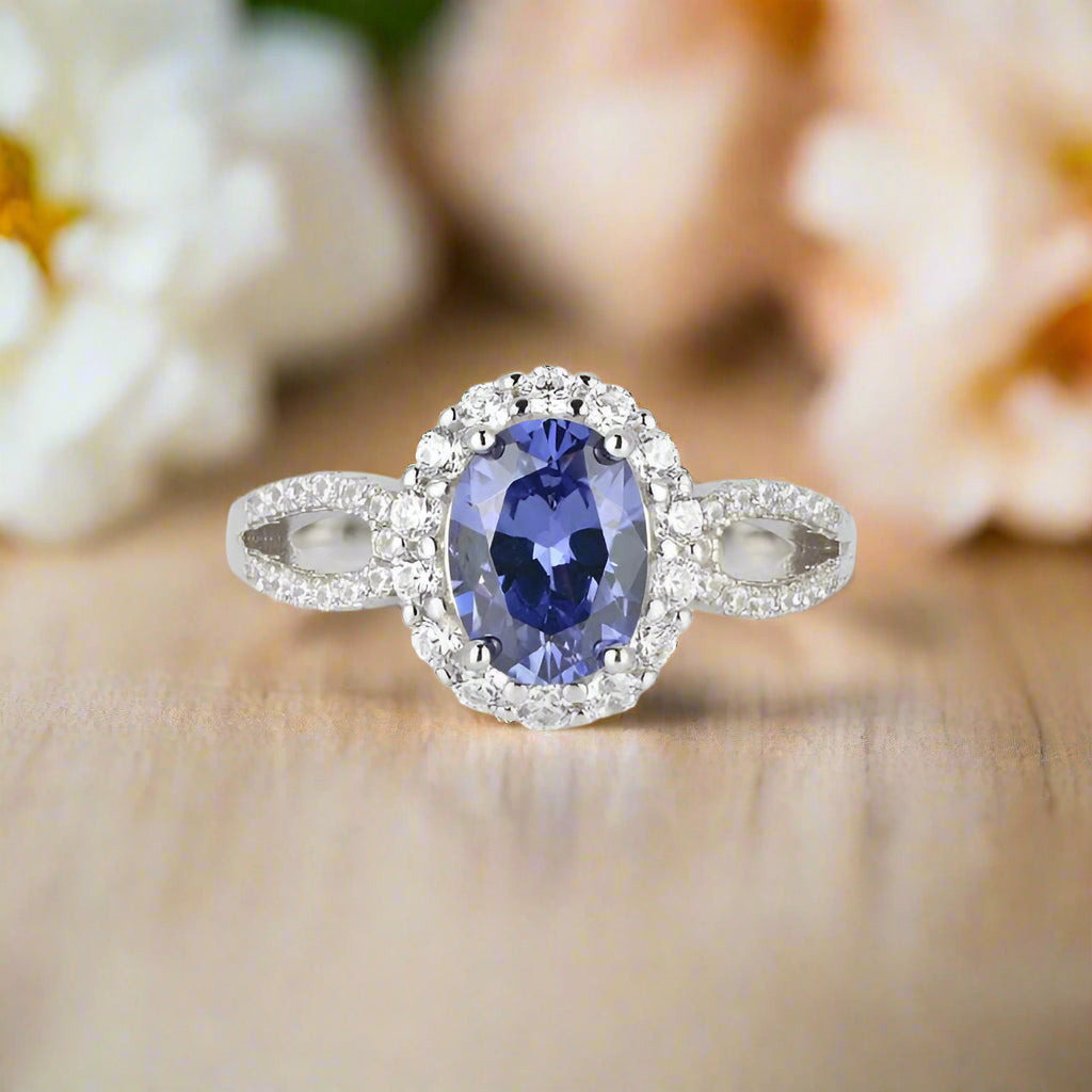 1.0ct Blue Sapphire Oval Cut Diamond Engagement Ring with Halo-Evani Jewelry