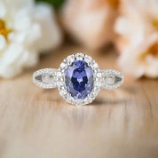 1.0ct Blue Sapphire Oval Cut Diamond Engagement Ring with Halo-Evani Naomi Jewelry
