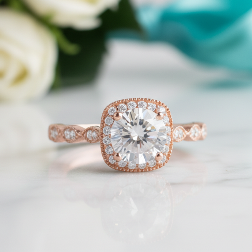 1.2 Ct Round Cut Diamond 14K Rose Gold Halo Engagement Ring-Evani Jewelry