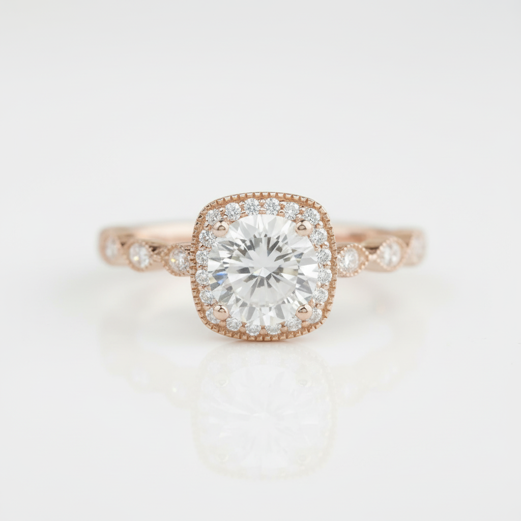 1.2 Ct Round Cut Diamond Option14K Rose Gold Halo Engagement Ring - Evani Naomi Jewelry