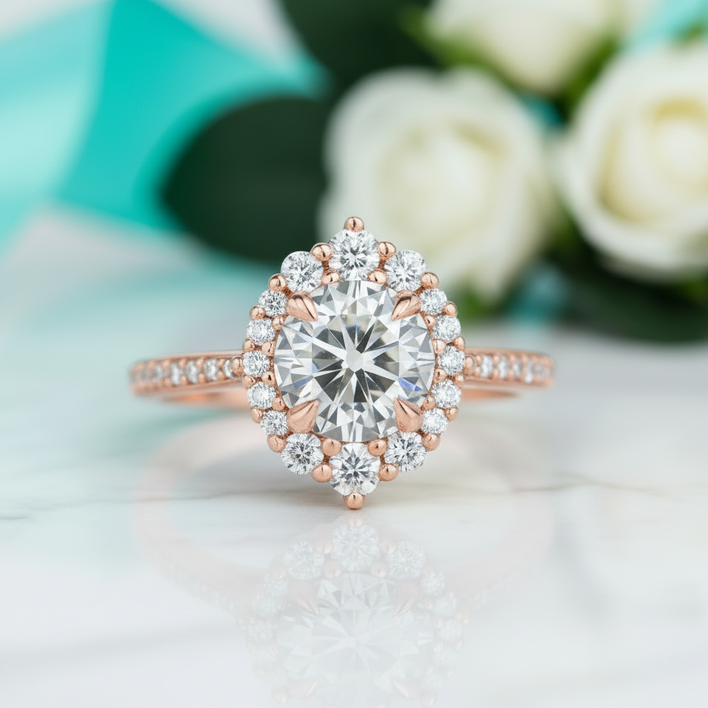 1.3 Ct Round Cut Diamond Option Halo Vintage Engagement Ring - Evani Naomi Jewelry