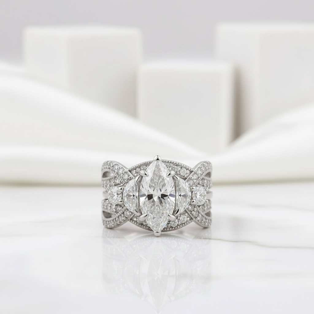 1.5 Ct Marquise Cut Diamond Insert Wedding Ring Set-Evani Jewelry