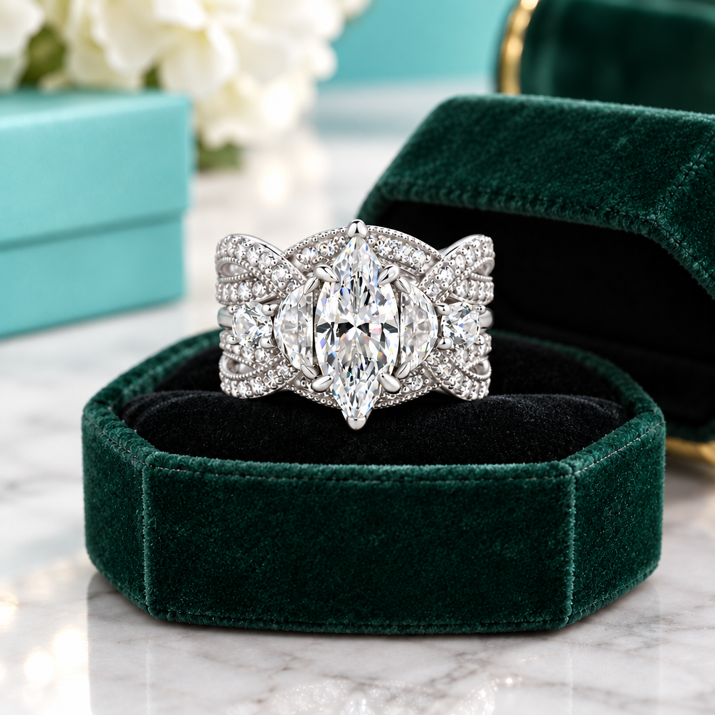 1.5 Ct Marquise Cut Diamond Option Insert Wedding Ring Set - Evani Naomi Jewelry
