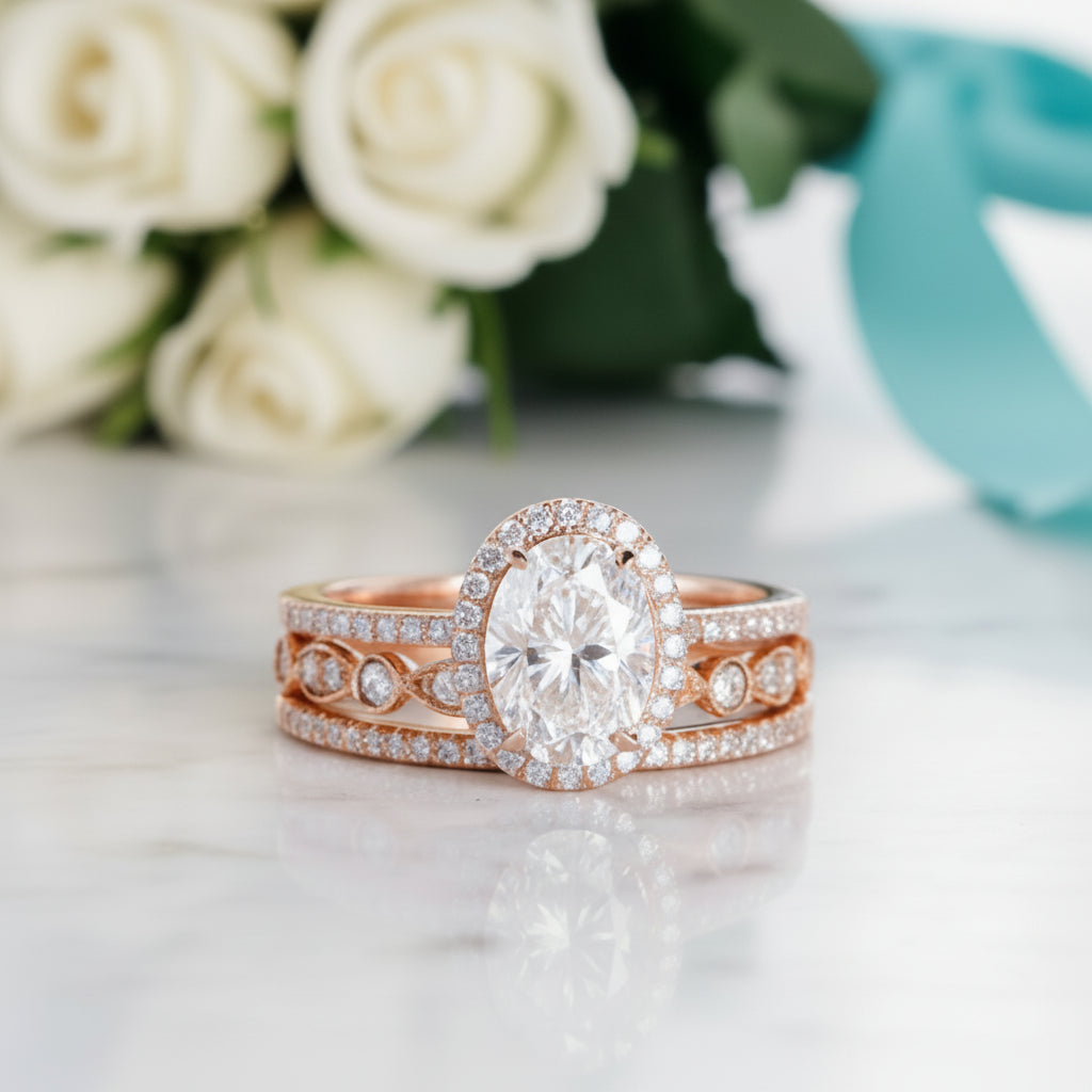 1.5 Ct Oval Diamond 14k Rose Gold Halo Engagement Ring Set-Evani Jewelry