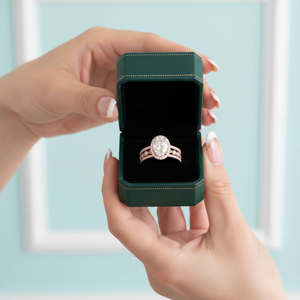1.5 Ct Oval Diamond Option 14k Rose Gold Halo Engagement Ring Set - Evani Naomi Jewelry