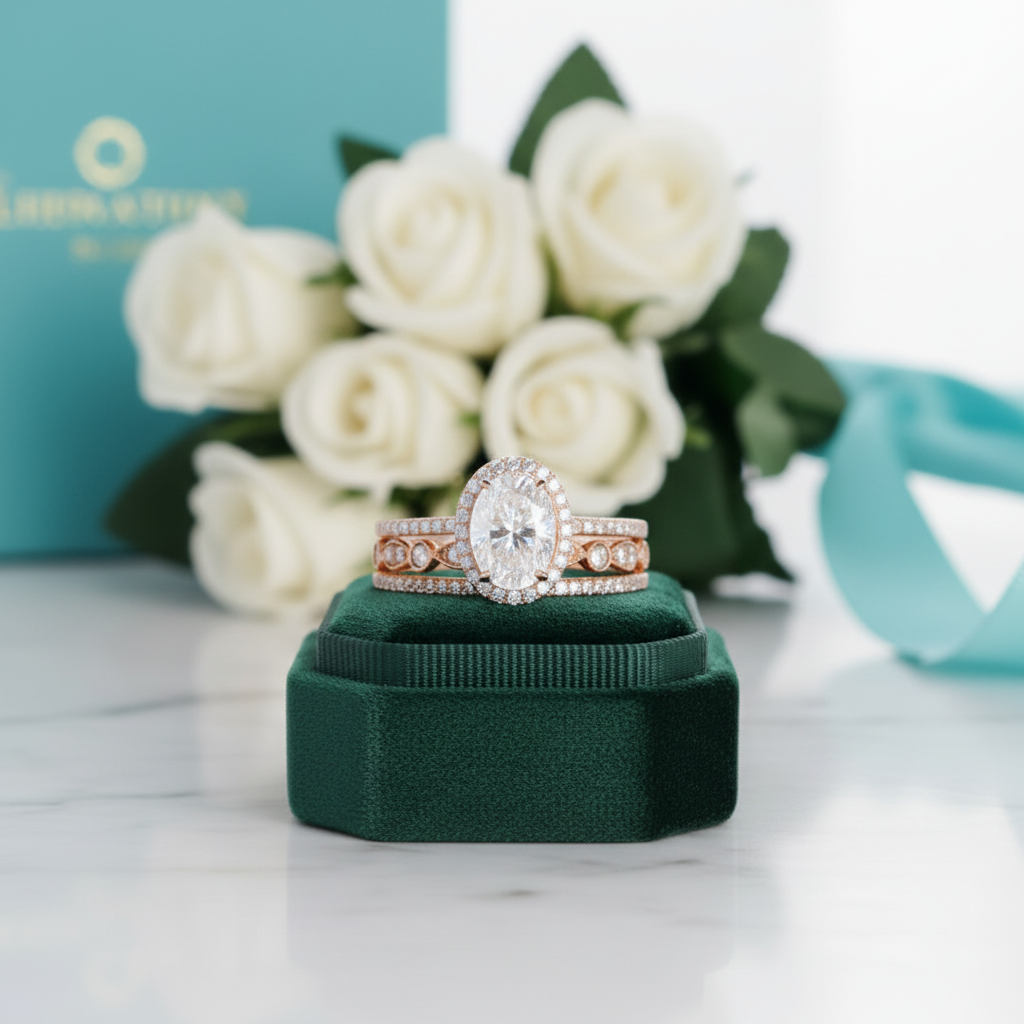 1.5 Ct Oval Diamond Option 14k Rose Gold Halo Engagement Ring Set - Evani Naomi Jewelry