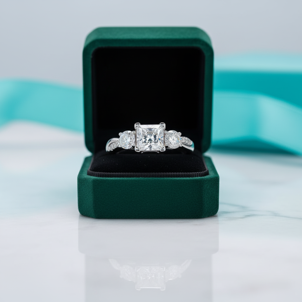 1.5 Ct Princess Cut Diamond Option Three Stone Engagement Ring - Evani Naomi Jewelry
