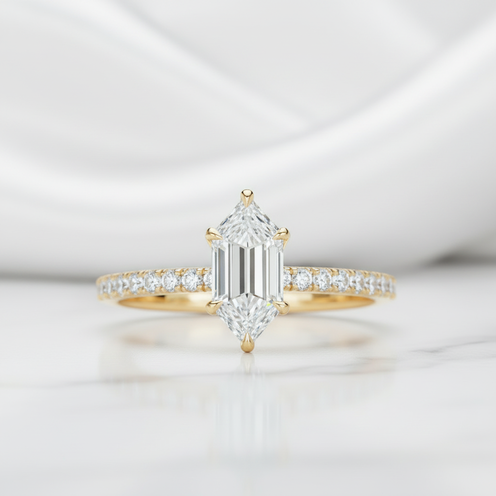 1.50 ct Hexagon Cut Diamond Option14k Yellow Gold Engagement Ring - Evani Naomi Jewelry