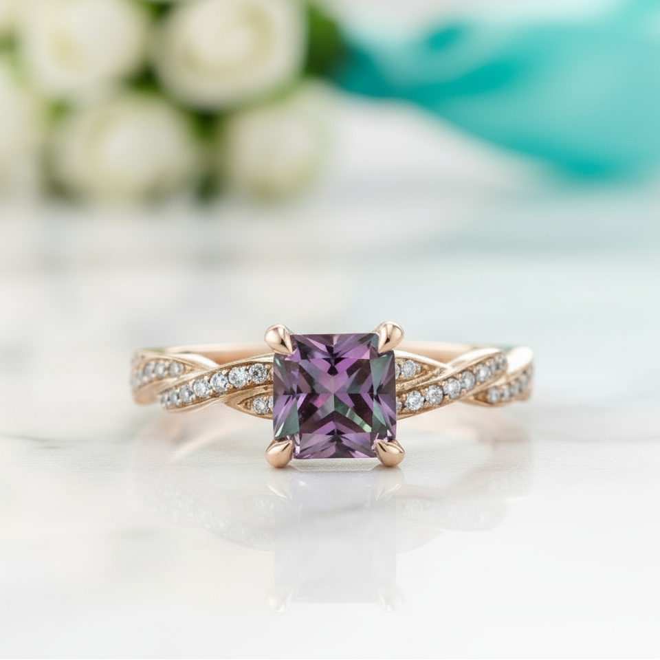 1.50 ct Princess Cut Alexandrite Twist Engagement Ring-Evani Jewelry