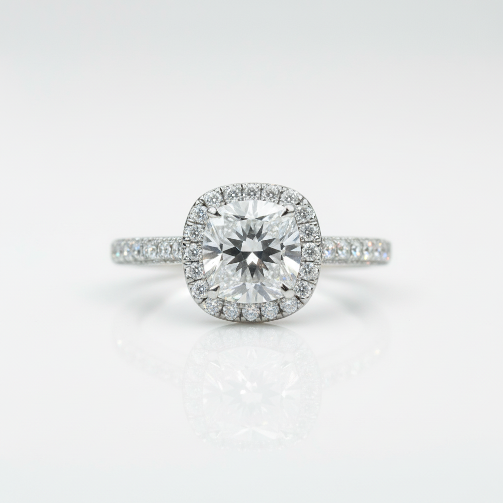 1.5ct 7mm Cushion Cut Diamond OptionHalo Engagement Ring - Evani Naomi Jewelry