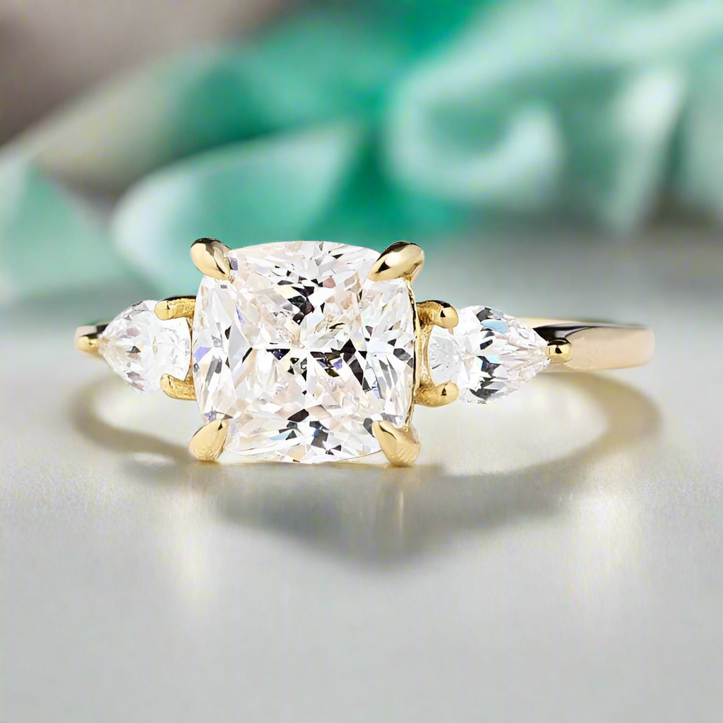 1.5ct Cushion Cut Three Stone Yellow Gold Engagement Ring-Evani Naomi Jewelry