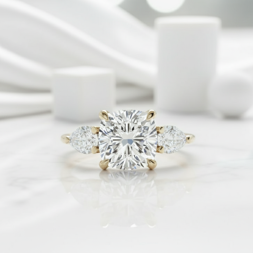 1.5ct Cushion Cut Three Stone Yellow Gold Diamond Engagement Ring-Evani Jewelry