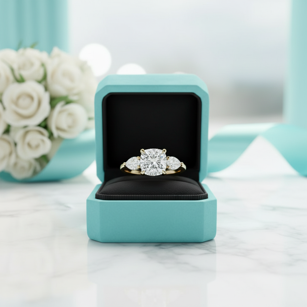 1.5ct Cushion Cut Three Stone Yellow Gold Diamond Engagement Ring-Evani Jewelry