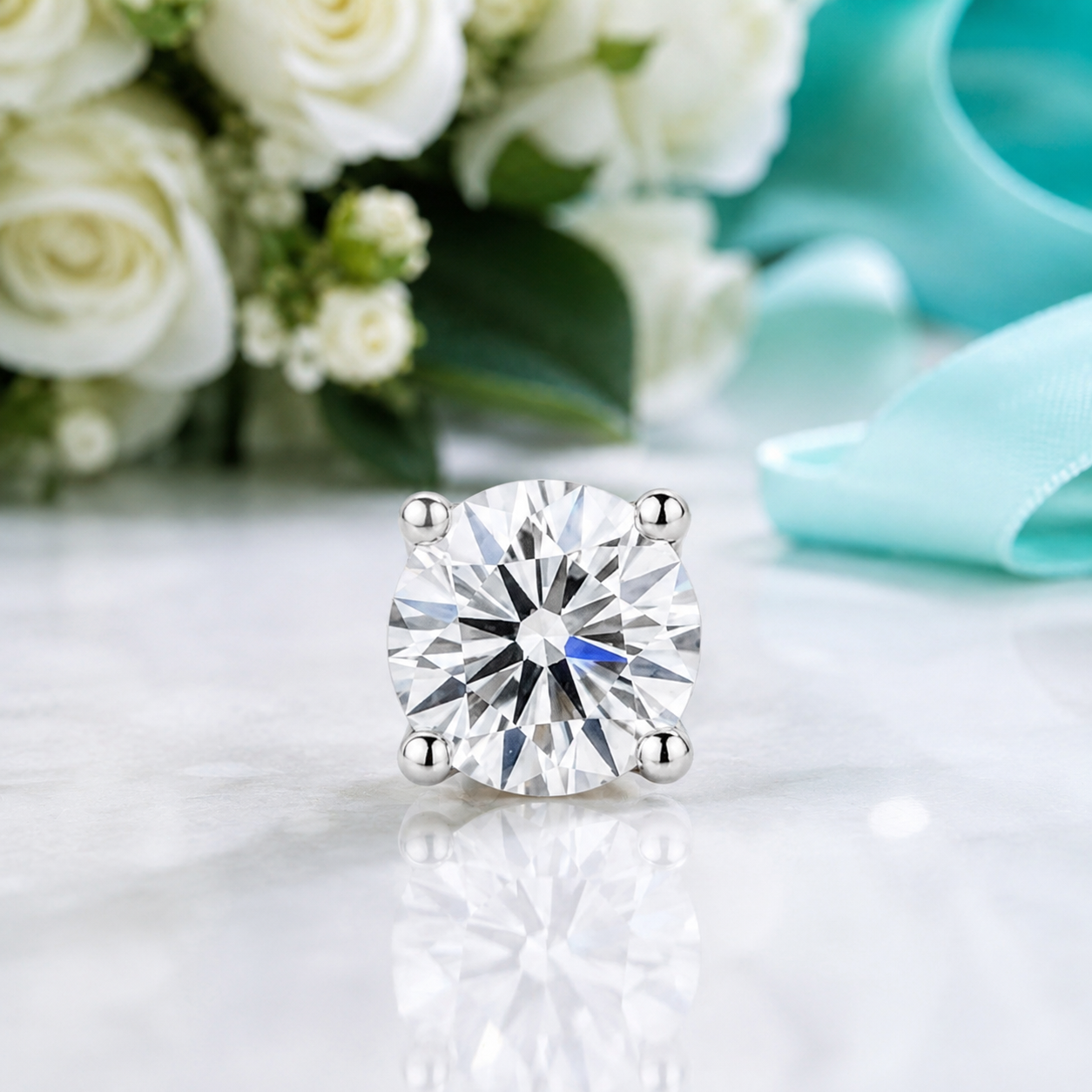 A round brilliant-cut diamond solitaire ring in a four-prong silver setting, displayed on a white marble surface with a blurred bouquet of white roses and a light blue ribbon in the background.