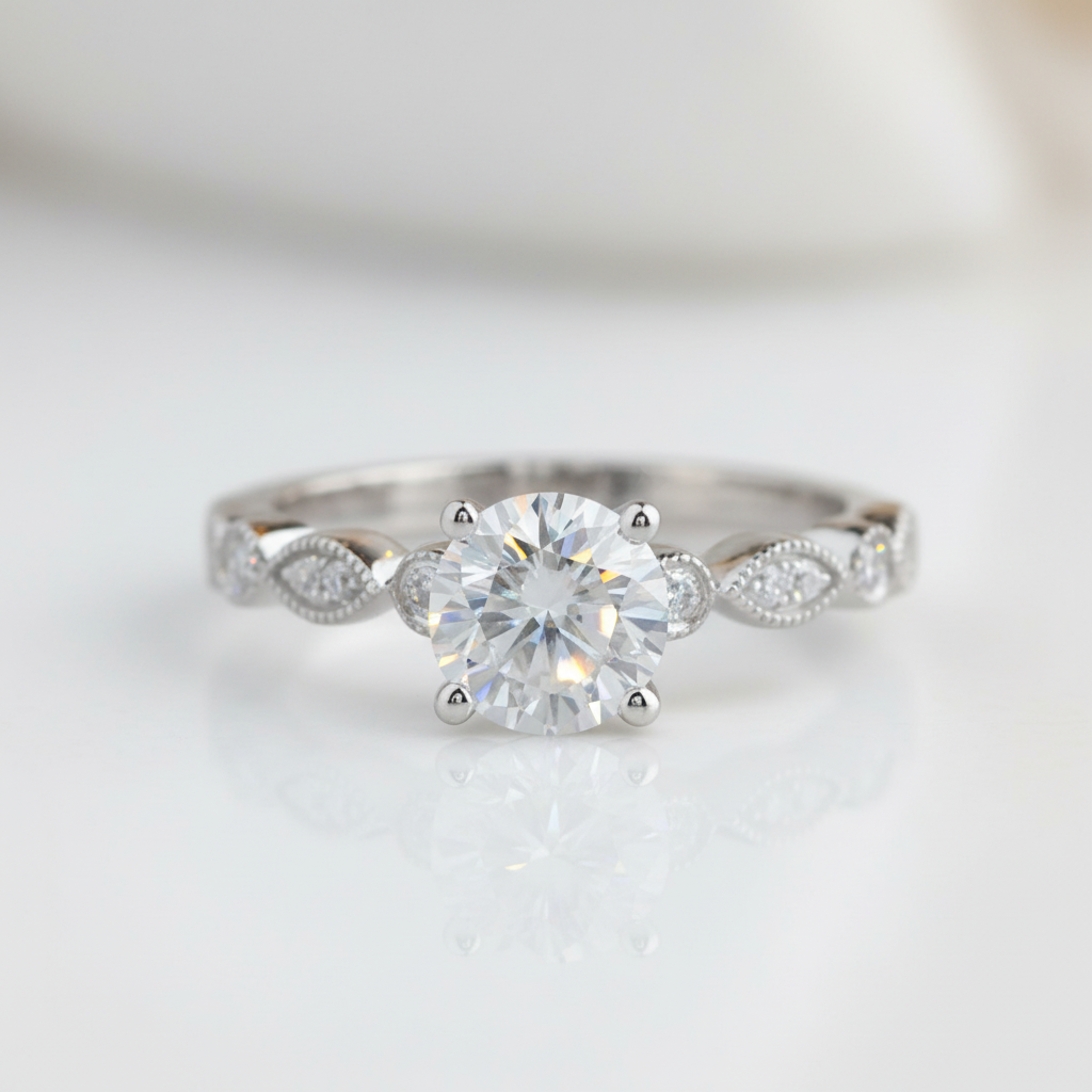 1ct 14K White Gold Antique Milgrain Diamond OptionEngagement Ring - Evani Naomi Jewelry