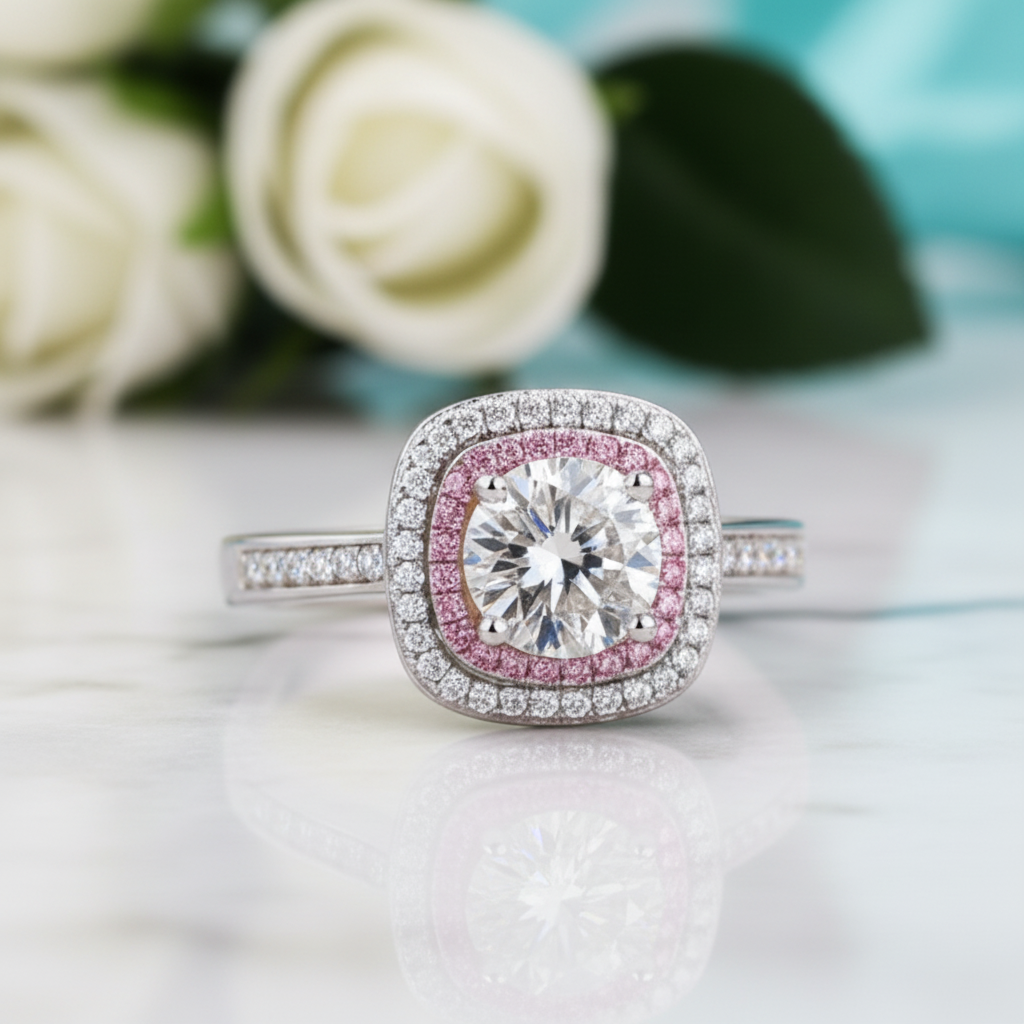 1ct Round Cut Diamond Double Halo Engagement Ring-Evani Jewelry