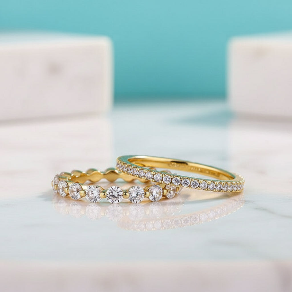 2 pcs Women's Stackable Yellow Gold Diamond Wedding Band Set-Evani Jewelry