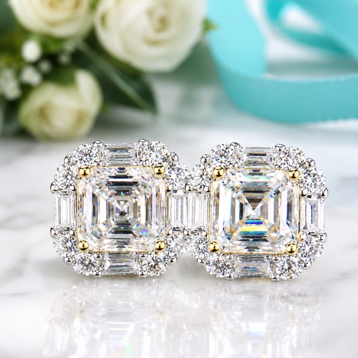A pair of emerald-cut halo stud earrings in silver with gold accents and baguette side stones, displayed on a white marble surface with white roses and a turquoise ribbon in the background.