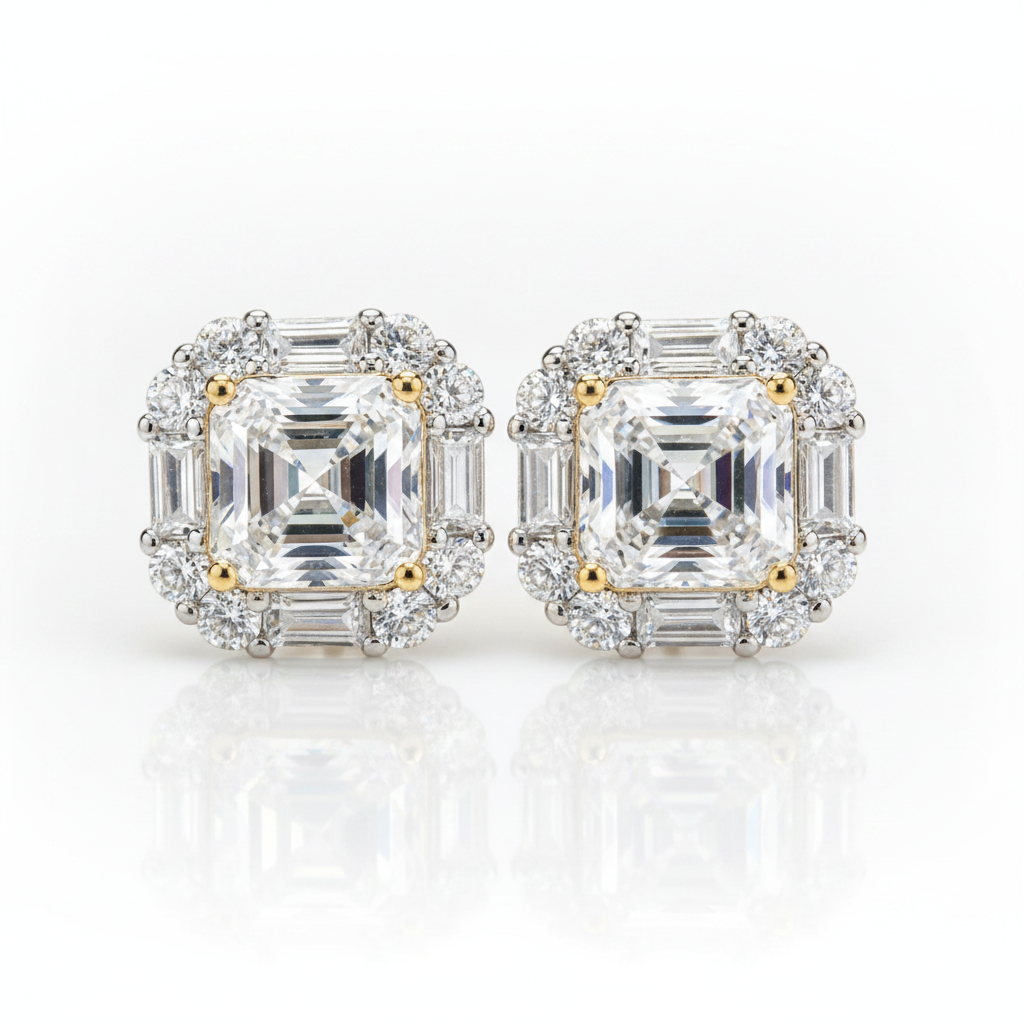 A pair of stud earrings featuring large emerald-cut clear center stones surrounded by baguette and round clear accent stones in a silver-toned setting with small gold accents, shown on a white reflective background.