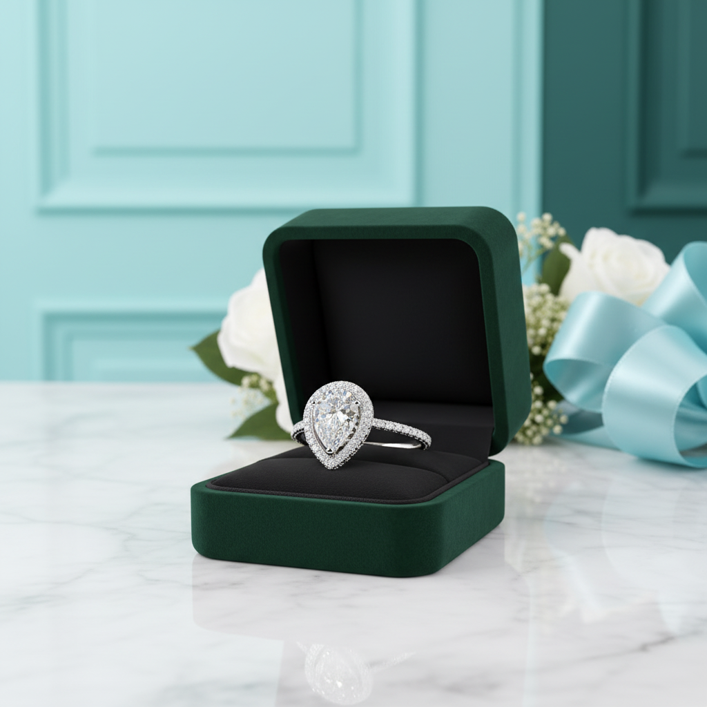 A heart-shaped halo ring with a pear-cut center stone in a silver-toned setting, displayed in an open dark green jewelry box on a white marble surface. The background features a soft teal paneled wall, white roses, and a light blue ribbon.