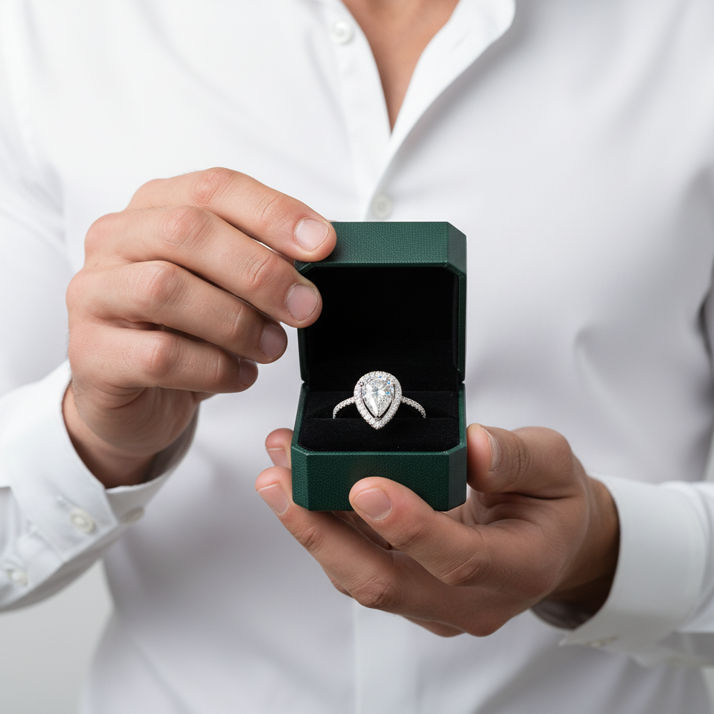 A close-up of a person in a white dress shirt holding an open dark green jewelry box containing a pear-cut diamond ring.